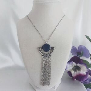 American Eagle Long Silver Necklace Bue Stone Pendant Half Moon Tassel Art Deco